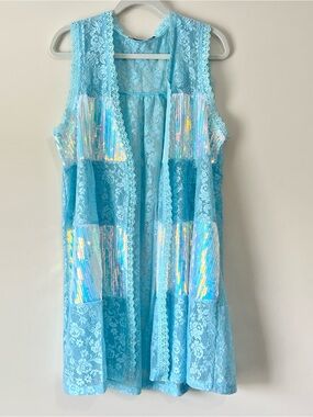 Origami Sky Blue Floral Lace Sequin-Panel Duster Vest
